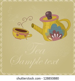 Postcard yellow teapot and cup on a beige background