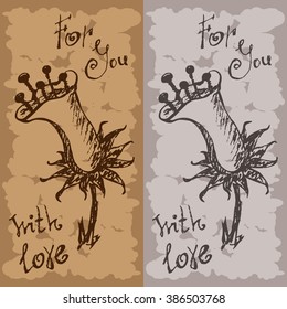 Postcard - For you with love - set of two cards. Fantasy flower on motley background. Retro label