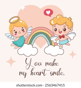 Postcard you make my heart smile. Cute postcard with angels in delicate pink colors. Template for printing, sending in messages, social networks. Vector graphics.
