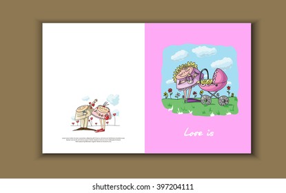 Postcard with  young mom and stroller,  woman with  baby, card for newborn, vector illustration