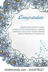 Postcard for your congratulations. Vector illustration. Stylized applique. Circular flower ornament made of blue petals. Manual graphics