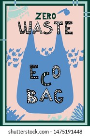 Postcard Zero waster Eco Bag. Hand drawn. Vector illustration. Good for banner, postcard, background or flyer. Hipster style.