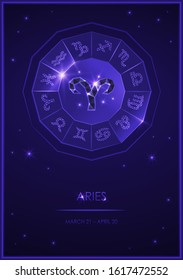 Postcard of the zodiac sign with a signature. Aries zodiac star sign. Template for fortune telling, predictions, horoscopes