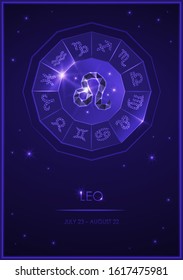 Postcard of the zodiac sign with a signature. lion sign in a diamond. Template for fortune telling, predictions, advertising, horoscopes
