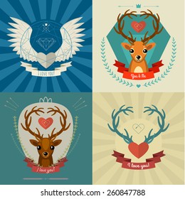 Postcards about love. Vector cards with deers and hearts