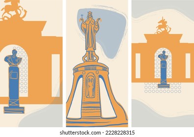 Postcards with architectural statues in yellow-blue tones in different angles in a stylized style with handwritten stroke