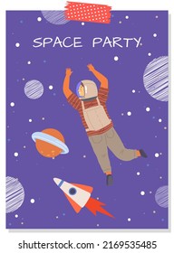 Postcards with atronauts and rockets. Greeting cards or invitations to party in cosmic style. Creative posters with people in cosmonaut costumes. Banners for space party design vector illustration