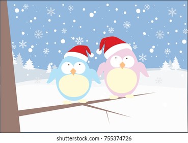 Postcards of birds in hats Santas on a tree in winter in the background of snow and mountains, vector illustration
