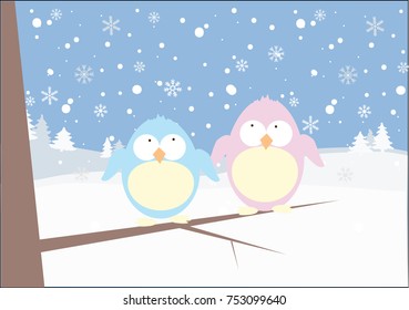 Postcards of birds on a tree in winter on a background of snow and mountains, vector illustration