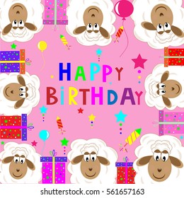 Postcards birthday, lamb, gift boxes, balloons, firecrackers, vector illustration