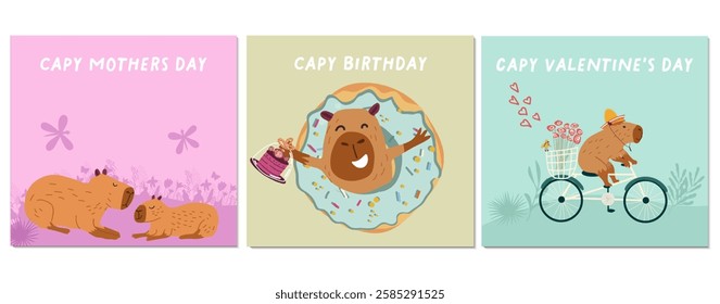 Postcards with capybaras cards for mothers day, lovers day, saint valentine, birthday, holiday. Handmade vector drawing.