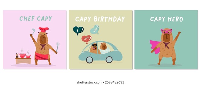 Postcards, cards set, collection with capybaras cards for capy birthday, holiday. Hand drawn vector illustration.