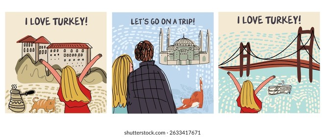 Postcards, cards set, collection with sights of Turkey, Istanbul, symbols, couple of tourists. Hand drawn line vector illustration.