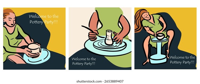 Cartões postais, conjunto de cartões, Conceito de oficina de cerâmica, convite, festa de cerâmica. Ilustração de vetor plana desenhada à mão.

