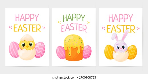 Сollection of postcards with colored eggs, easter cake, bunny, chick and the inscription " Happy Easter". Vector illustration.  Great for Easter decor. For greeting card, invitation, poster.