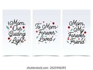 Postcards with colored elements concept in the flat cartoon design. Three beautifully designed cards with love messages for mothers, with simple but sincere words. Vector illustration.