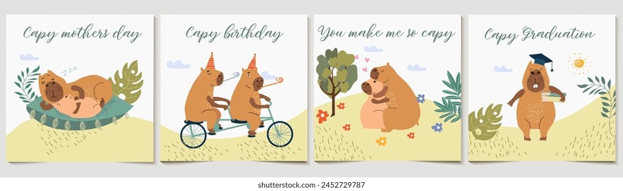 Postcards with copybars for mother day or birthday and student graduation ceremony. Positive copybars in image of mom hugging child and friends on bicycle or student with textbooks