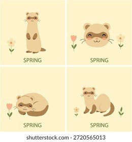 Cartões postais com animais bonitos. Primavera e furão. Ilustrações de crianças com animais e flores.