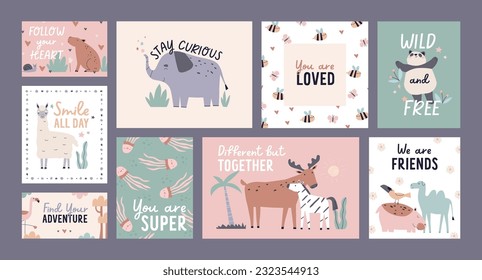 Postcards with cute baby animals in Scandinavian style. Kids cards designs set with quotes, motivation phrases, childish Scandi adorable characters, panda, elephant, zebra. Flat vector illustrations