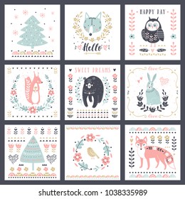 Postcards with cute illustrations. Vector set of cute animals: fox, bear, rabbit, squirrel, wolf, owl. Collection for children's prints, greetings, posters, t-shirt, packaging.