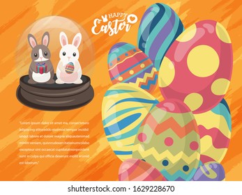 Postcards Easter’s Day wonderful party colorful eggs and cutie two rabbits for this festival. Vector illustration banner website poster postcard card, greeting and celebration.