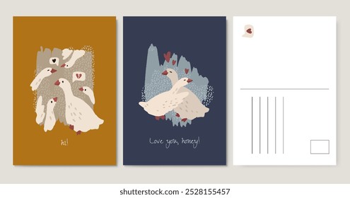 Postcards design with a warm and whimsical illustration of geese, birds communicating through love and heartbreak symbols