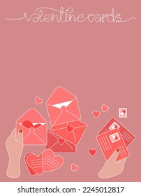 Postcards and envelopes with hands. Isolated handwritten postcards and envelopes with postage stamps. Packaging of postcards and letters. Modern collection of love and friendship letter designs