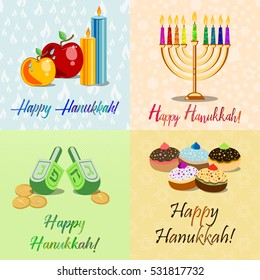 Postcards for Festival of Lights, Feast of Dedication Hanukkah with menorah, dreidels, sufganiots, candles and apples on different colorful backgrounds with Hanukkah elements. Vector illustration