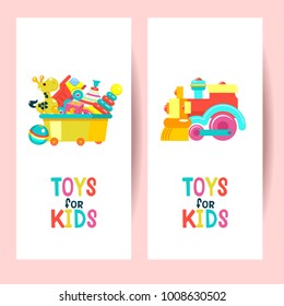 Postcards, flyers with childrens toys. Vector illustration. Box with toys. Colorful locomotive.