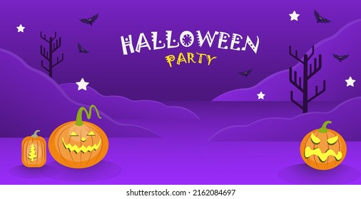 Postcards, flyers, web banners, posters, Halloween ideas with pumpkin ghosts. cemetery atmosphere, tombstone, scary, scary, flat illustration.