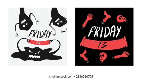 postcards for Friday the 13th with monsters and body parts