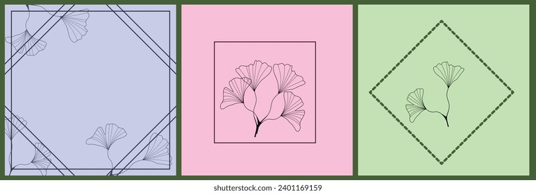 Postcards with ginkgo biloba, tree leaves in frames, banner