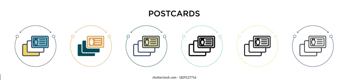 Postcards icon in filled, thin line, outline and stroke style. Vector illustration of two colored and black postcards vector icons designs can be used for mobile, ui, web