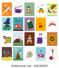 Postcards with illustrations of happy travel and travel goods