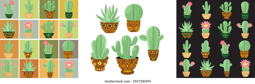 Postcards with the image of cacti of different varieties on a colorful background