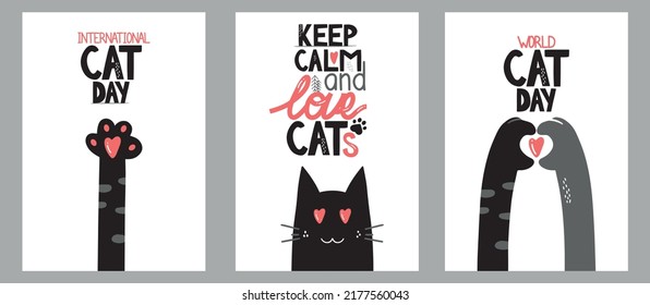 Postcards for the international cat day on August 8. Funny cartoon cat. Happy animals Print to greeting card, poster, flyer