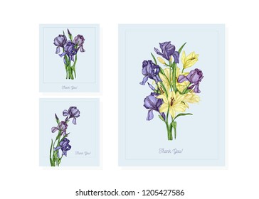 Postcards of Iris flowers in color on white background. Vector botanical illustration of florist.