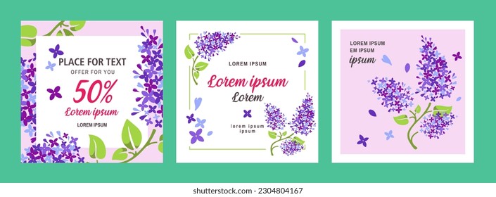 Postcards with lilac branches in vector. Lilac flowers background set. Beautiful postcards. Beautiful banners.
