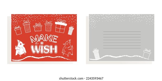 Postcards Make a wish. Red card with gifts and birds, bullfinches, snow. Vector illustration. Design for New Year cards, covers, back, posters, social media posts, print.