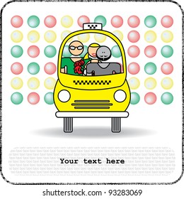 Postcards man and woman in yellow taxi