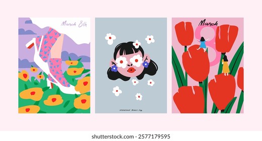 Postcards for March 8. Women`s Day. Trendy vector illustration.