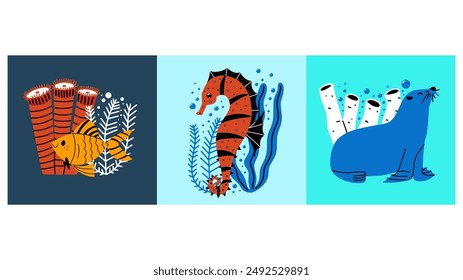 Postcards with marine life. Set with cartoon hand draw sea animals. Goldfish, seahorse, 
fur seal. Undersea world