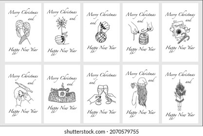 Postcards Merry Christmas set vector icon collection