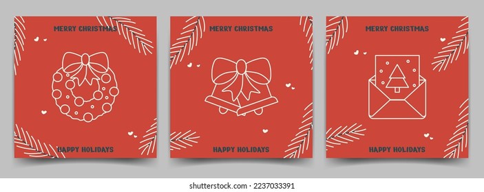 Postcards Merry Christmas. Templates with line elements bells, wine, postcard, tree branch and text. Square greeting cards. Vector illustration.