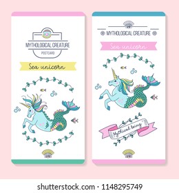 Postcards with mythological creatures. Beautiful sea unicorns. Vector illustration.