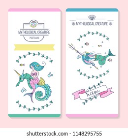 Postcards with mythological creatures. Mermaid riding on a seahorse. Sea king Triton with the Trident in his hand. Vector illustration.