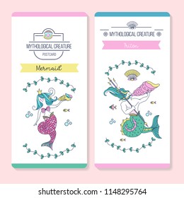 Postcards with mythological creatures. Mermaid with a shell in her hand. Sea king Triton with a Trident and a shell in his hand. Vector illustration.