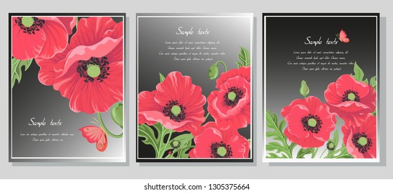 Postcards on a black background with red poppy flowers with leaves, buds, ladybug butterfly. Set of templates for invitation cards, wedding, banners, sales, brochure cover design-vector illustration.
