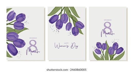 Postcards, posters with tulips for International Women's Day, March 8. Vector template