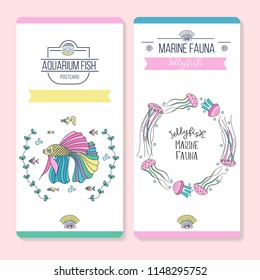 Postcards with sea creatures. Beautiful sea fish, jellyfish and algae. Vector illustration.